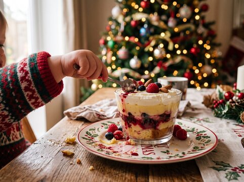 Child hand reaching with spoon for fresh English trifle dessert slice on Christmas plate