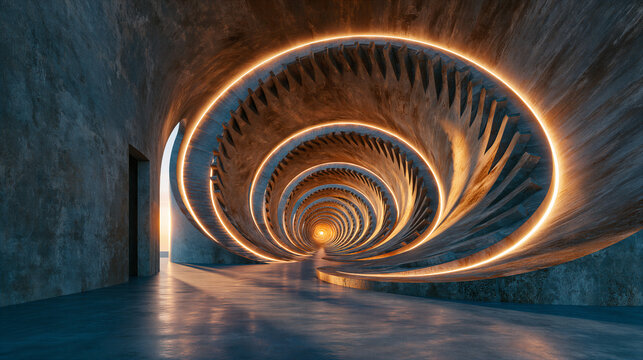 Futuristic Spiral Corridor with Glowing Circular Arches