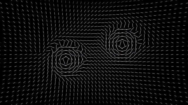 Abstract vector field of rotating white line dashes forming dual vortex patterns on a black screen