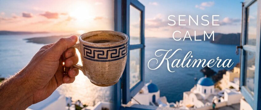 Coffee cup Greece ocean view holding espresso mug at sunrise looking out open window over Santorini island caldera sea village during peaceful morning travel vacation relaxation journey