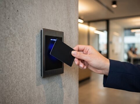 Close-up of a hand holding an electronic keycard to scan at an RFID security badge reader on a concrete wall in a contemporary corporate building.