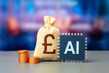 An AI chip and a british pound money bag. Increased revenue after integrating AI agents....