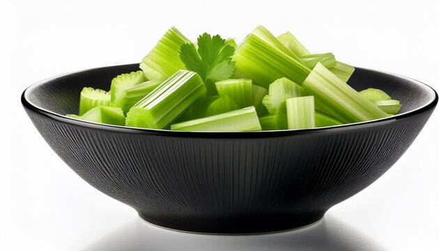 Fresh Chopped Celery Pieces In Black Bowl Isolated On White Background