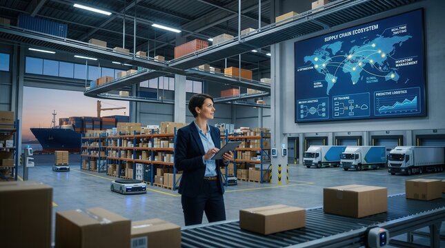 Modern Logistics Warehouse with Woman Manager Overseeing Automated Systems, Robots, and Global Supply Chain Display