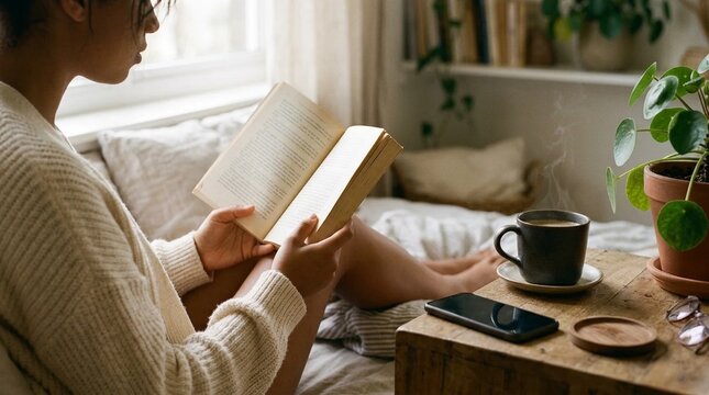 Young woman reading paper book in sunlit bedroom, digital detox morning