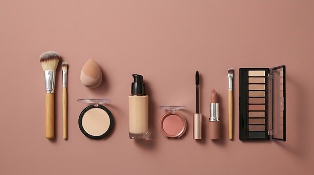 Set of professional makeup brushes and beauty cosmetic products arranged on a soft pink background. basic cosmetics guide