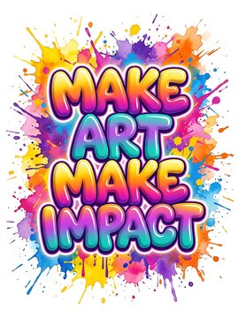Make art make impact typography design with colorful watercolor paint splashes and vibrant bubble letters on a white background