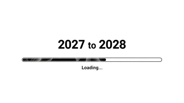 New year 2028 loading bar animation, Loading bar from 2027 to 2028 new year transfer animation. Almost reaching New Year on black background. Welcoming the happy new year 2028. 4k videos