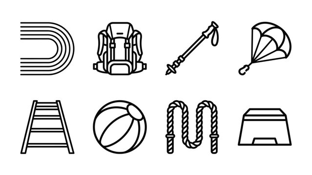 Outdoor Adventure Gear: A collection of essential items for outdoor activities and sports, including a running track, backpack, hiking pole, parachute, ladder, ball, jump rope, and step box.