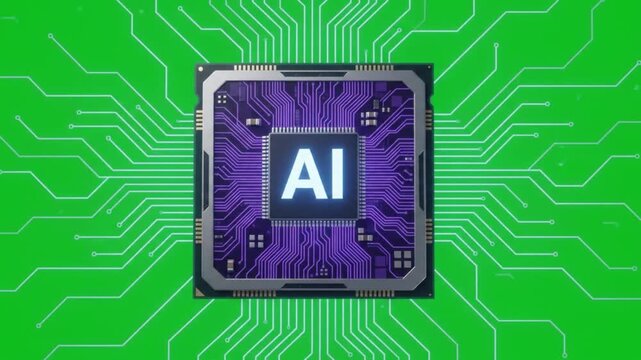 Premium Futuristic AI Processor Chip with Glowing Purple Technology Core on Green Screen Background, Digital Animation