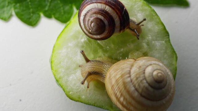 Macro shot of two snails crawling slowly on a green cucumber slice next to a green leaf under studio lighting.