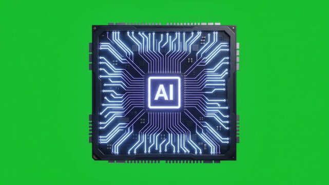Futuristic Artificial Intelligence AI Processor with Bright Purple Core and Circuit Board on Green Screen, Technology Animation