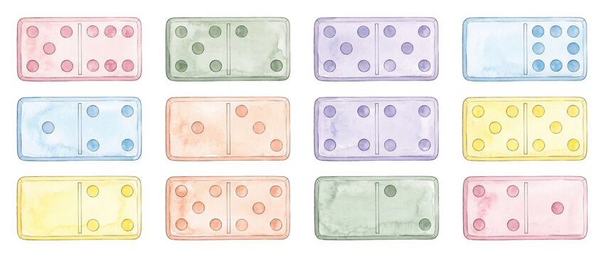 Pastel watercolor dominoes set isolated on black background for board game design, colorful game tile illustration, playful strategy gaming elements, creative gambling and recreation art collection