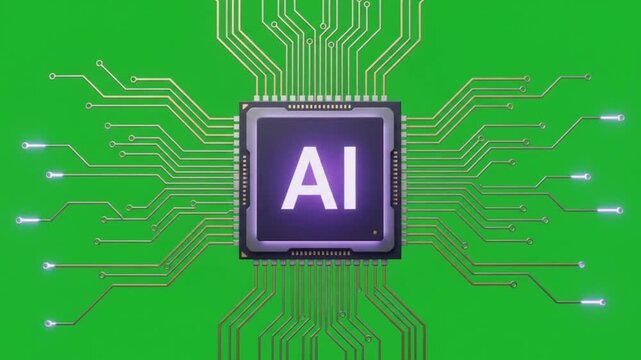 Futuristic AI Chip with Radiating Purple Light and High Energy Pulse on Green Screen, Advanced Technology Animation