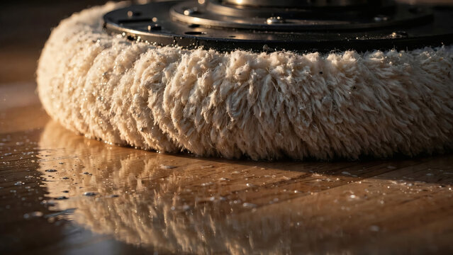 Close-up view of a fluffy white cleaning roller mop on a reflective surface.