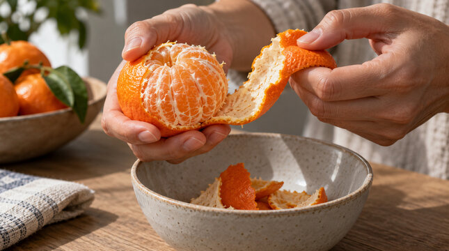 Manos pelando mandarina madura sobre cuenco de cer&aacute;mica