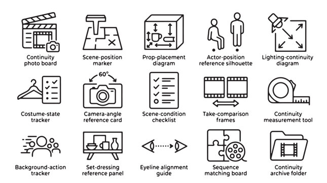 Film production continuity icons, 15 cinematography line art symbols, movie set planning and script supervision vector set