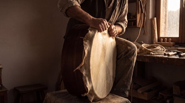 Drum Maker Stretching a Wet Goat Hide Over a Drum Shell