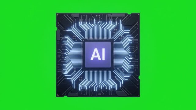 Futuristic AI CPU Processor with Bright Blue Energy Core on Green Screen Background, Advanced Technology Animation