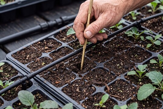 Gardener uses a brass dibber to make holes in soil trays for planting seedlings in a greenhouse