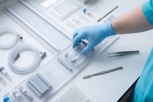 Scientist in Gloves Handling a Microfluidic Chip Device on a Sterile Laboratory Workstation