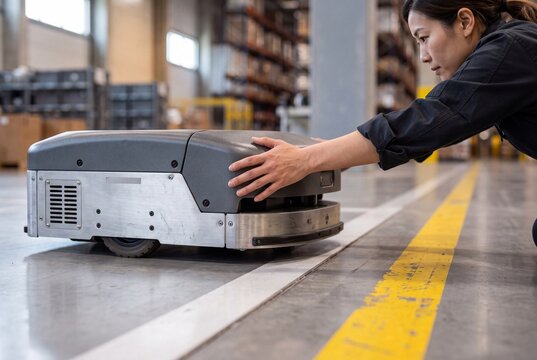 Female Engineer Inspecting Autonomous Mobile Robot In Modern Industrial Warehouse