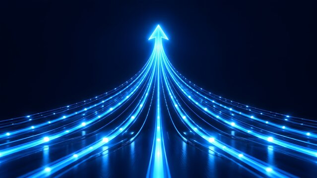 Upward glowing blue arrow with converging data lines, symbolizing technology, progress, and speed