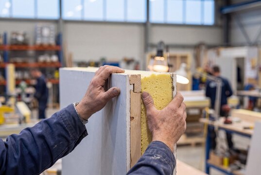 Close-up of a worker holding an insulated prefabricated wall panel in a modern woodworking factory workshop