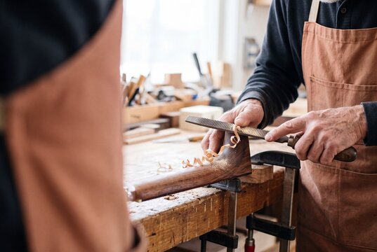 Professional Carpenter Using Hand Rasp to Shape Wooden Detail on Workbench in Craft Workshop