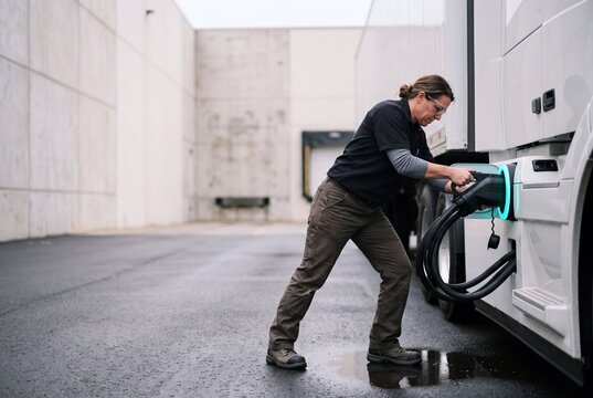 Female truck driver plugging charging cable into heavy duty electric commercial truck at logistics warehouse