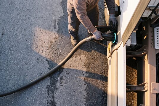 High Angle View of a Worker Connecting an Electric Vehicle Charging Cable to a Commercial Truck