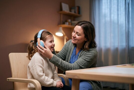 Female Audiologist or Doctor Placing Headphones on a Little Girl During a Hearing Test in a Clinic