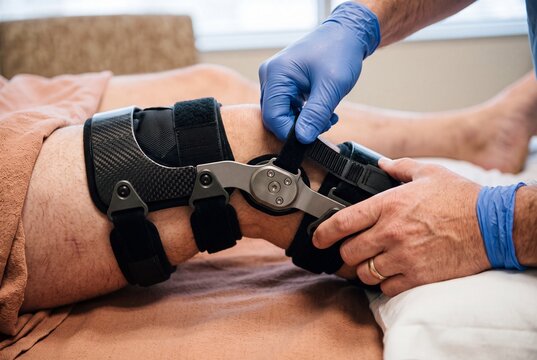 Orthopedic Doctor or Physical Therapist Fitting a Support Knee Brace on a Patient Leg During Rehabilitation