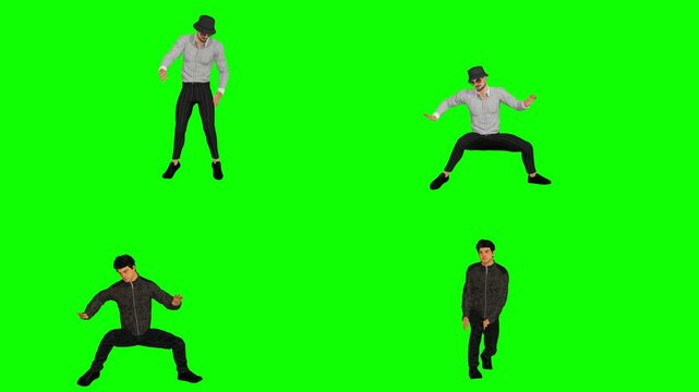 Four trendy digital male characters performing synchronized pop stepping dance choreography isolated upon a smooth green screen plate, ready for high-quality visual effects compositing jobs.