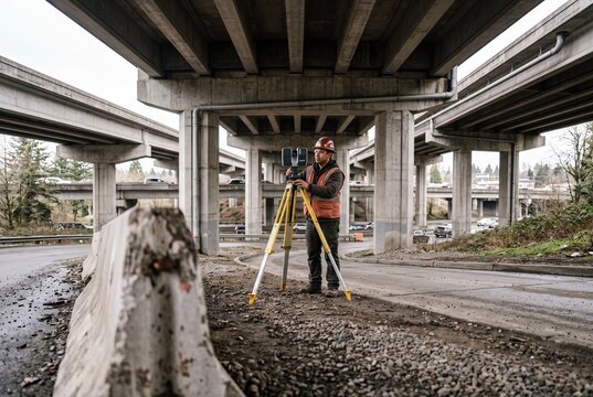 Civil engineer surveyor operating a 3D laser scanner under a concrete highway overpass bridge