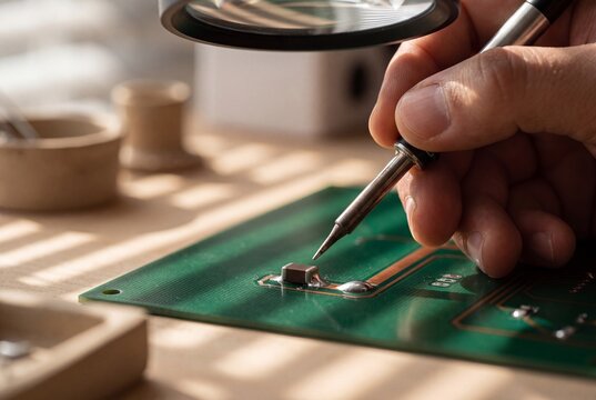 Technician using a soldering iron to assemble micro components on a green printed circuit board under a magnifying glass