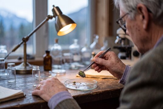 Senior male botanist scientist using tweezers to examine a botanical specimen in a petri dish inside a rustic laboratory