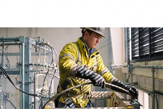 Professional Electrical Lineman in Safety Gear Working on Power Cables in Substation