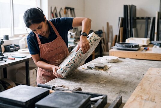 Female artisan carefully inspects a handmade terrazzo slab on a workbench inside a creative craft workshop