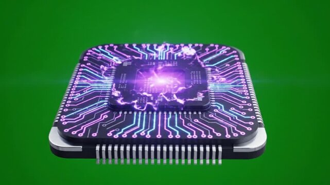 Advanced AI Processor Chip with Glowing Purple Energy Core on Green Screen, Futuristic Technology Animation