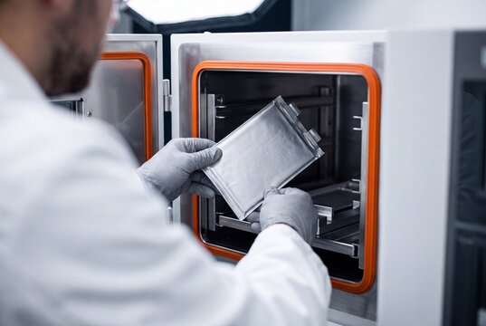 Engineer placing a lithium-ion pouch cell battery into a thermal testing chamber in a laboratory