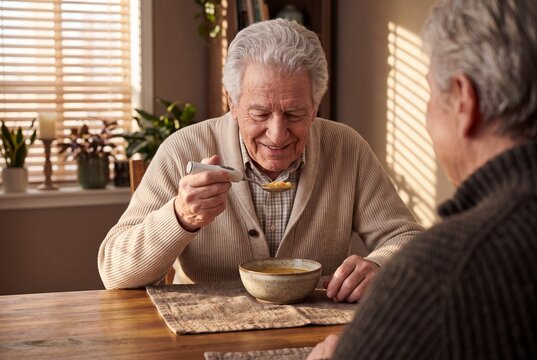 Senior man eating soup with an adaptive stabilizing spoon while sitting at the table with his partner