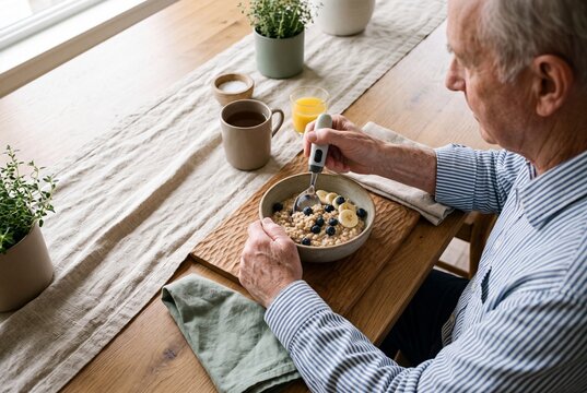 Senior man with tremors using an assistive adaptive spoon to eat oatmeal porridge breakfast at home