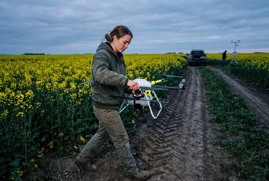 Female agricultural specialist carrying an agricultural drone along a blooming yellow canola field for precision farming and crop monitoring