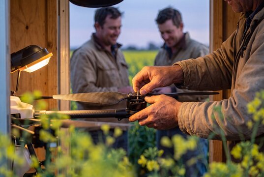 Farmer assembling propeller of an agricultural drone outdoors with colleagues in the background at sunrise