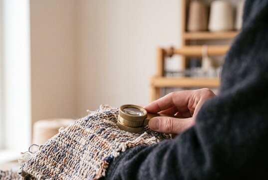 Artisan weaver examining handwoven fabric with a brass magnifying glass thread counter in a textile studio workshop