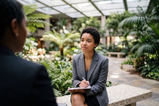 Young African American businesswoman sitting in a lush greenhouse atrium taking notes during an outdoor corporate meeting or job interview