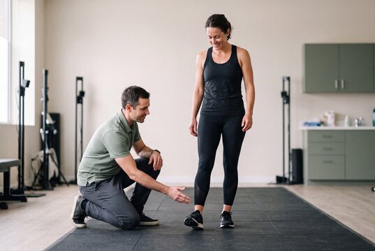 A male physical therapist examines a female patient during an ankle and foot rehabilitation session in a sports clinic