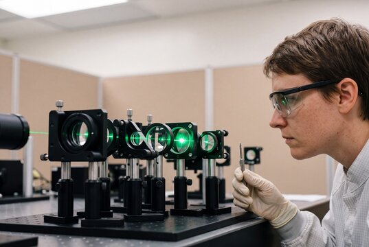 Focused female scientist adjusting optical components with a green laser beam in a modern physics research laboratory