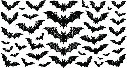 Fototapeta premium Spooky Halloween bat silhouette art bundle set with ornate black and white vector graphics